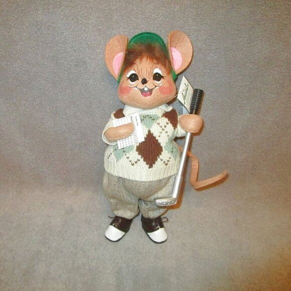 12" Vtg ANNALEE Mobilitee GOLFER Mouse FIGURINE Sweater SHOES Pants HAT Club - Picture 1 of 10